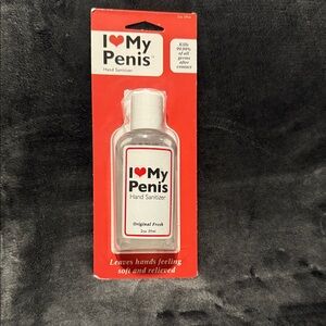 Blue Q I Love My Penis Hand Sanitizer with Red and Black Design